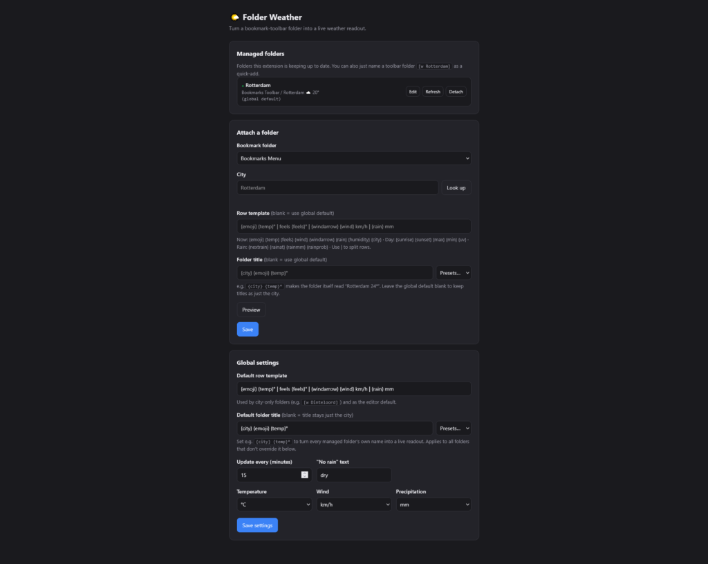 Folder Weather settings page: a managed Rotterdam folder, the attach-a-folder editor with a row template, and global defaults for units and update interval.